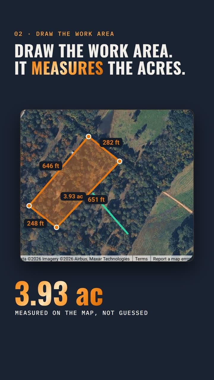 A frame from the explainer's demo walkthrough: a demo work area drawn on the property map with its acreage measured
