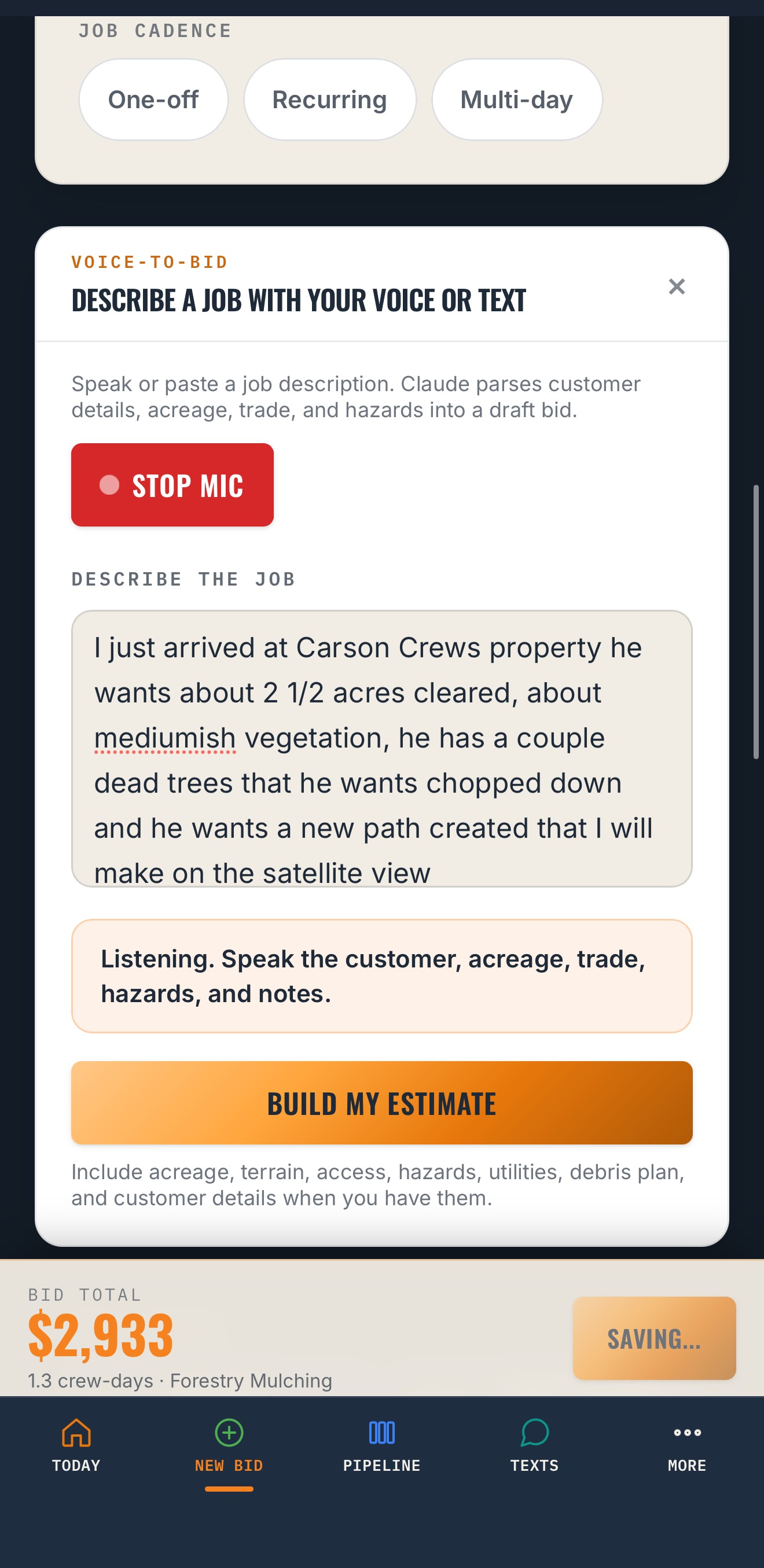 Voice-to-Bid screen